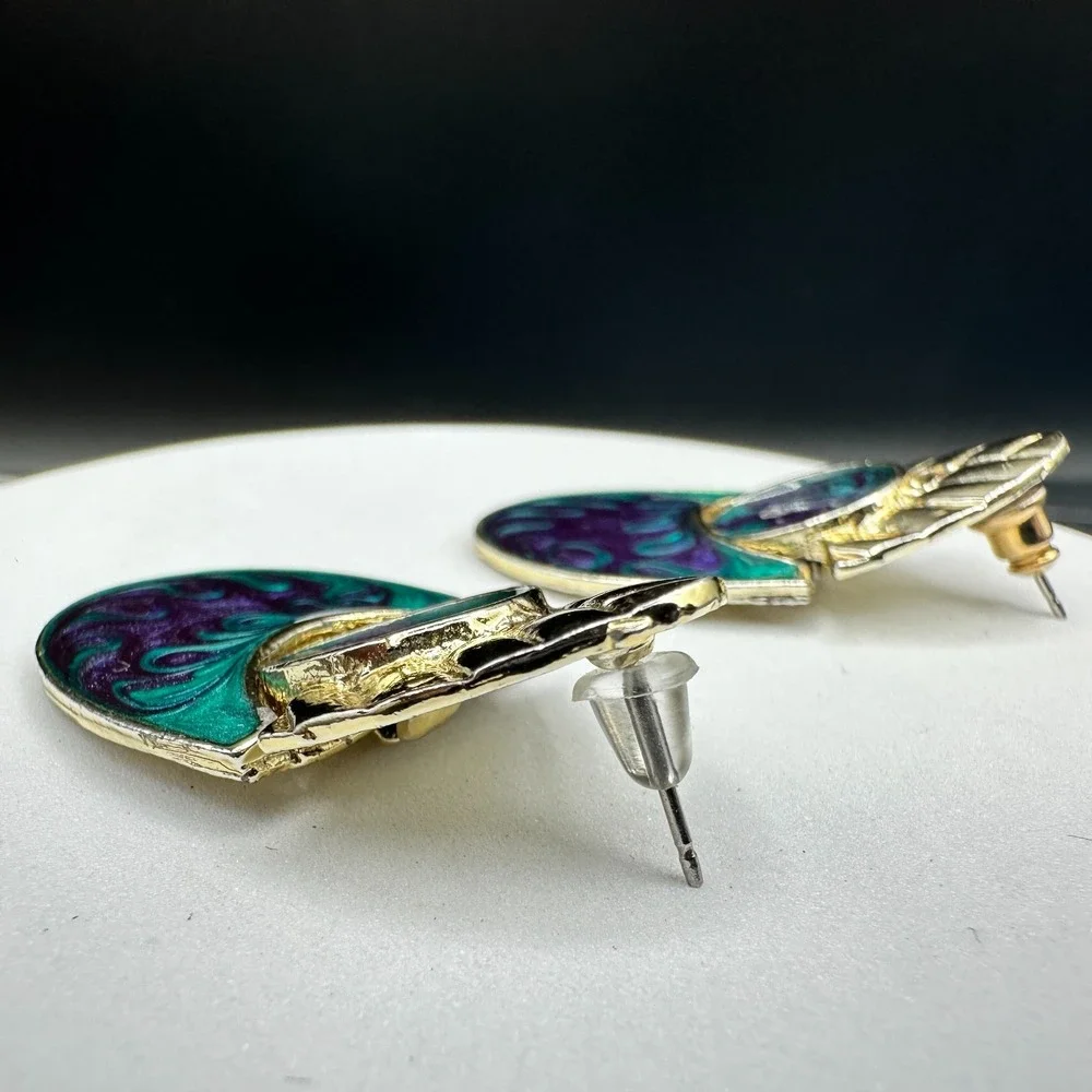 Vintage Abstract Enamel Drop Earrings Green Purple Gold Tone Modern Art Style